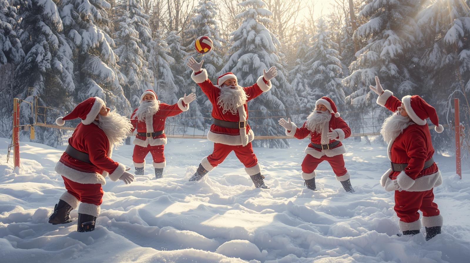 Volleyball spielende Weihnachtsmänner in einem verschneiten Wald Volleyball spielende Weihnachtsmänner in einem verschneiten Wald